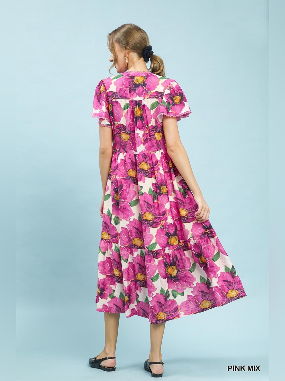 Umgee Tropical Floral V-Neck Flutter Sleeve Tiered Midi Dress - Picture 3 of 7